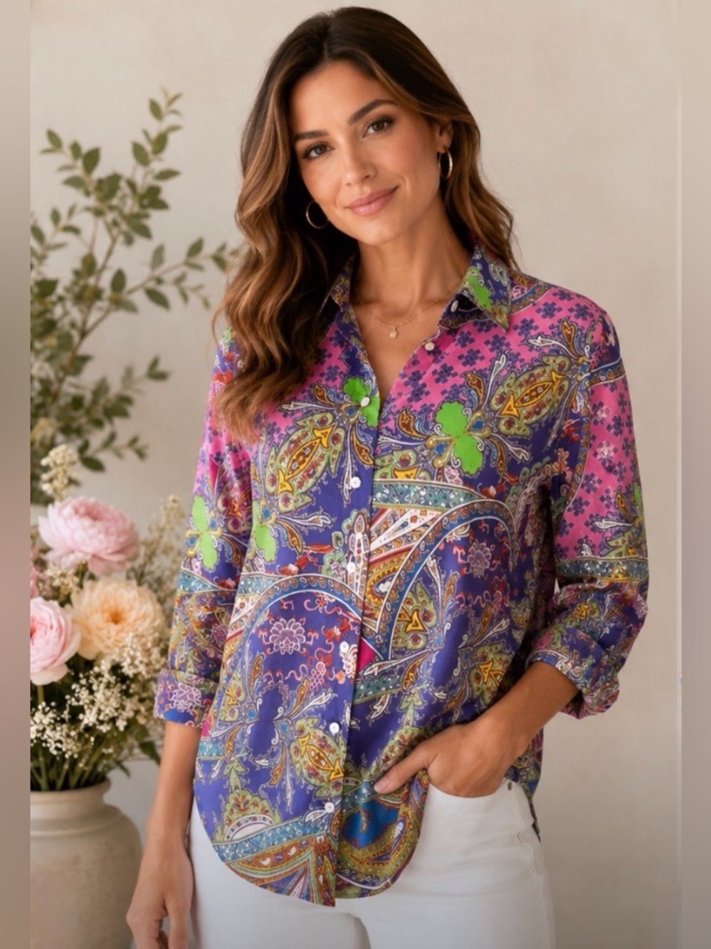 NWOT Hinson Wu Halsey Buttoned Down Cotton Purple Paisley Blouse - Sz Medium